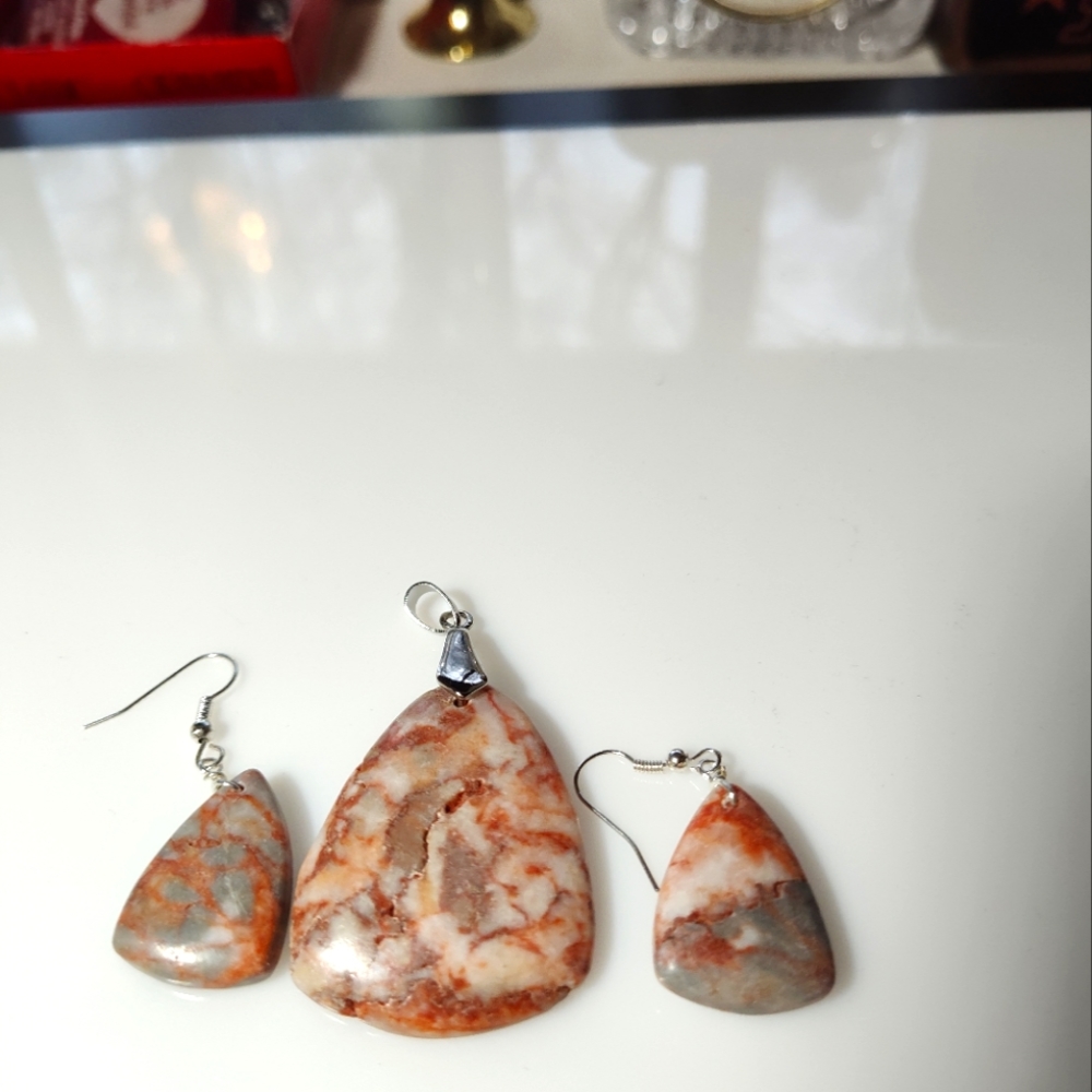 Redline Marble Stone Pendant and earrings
